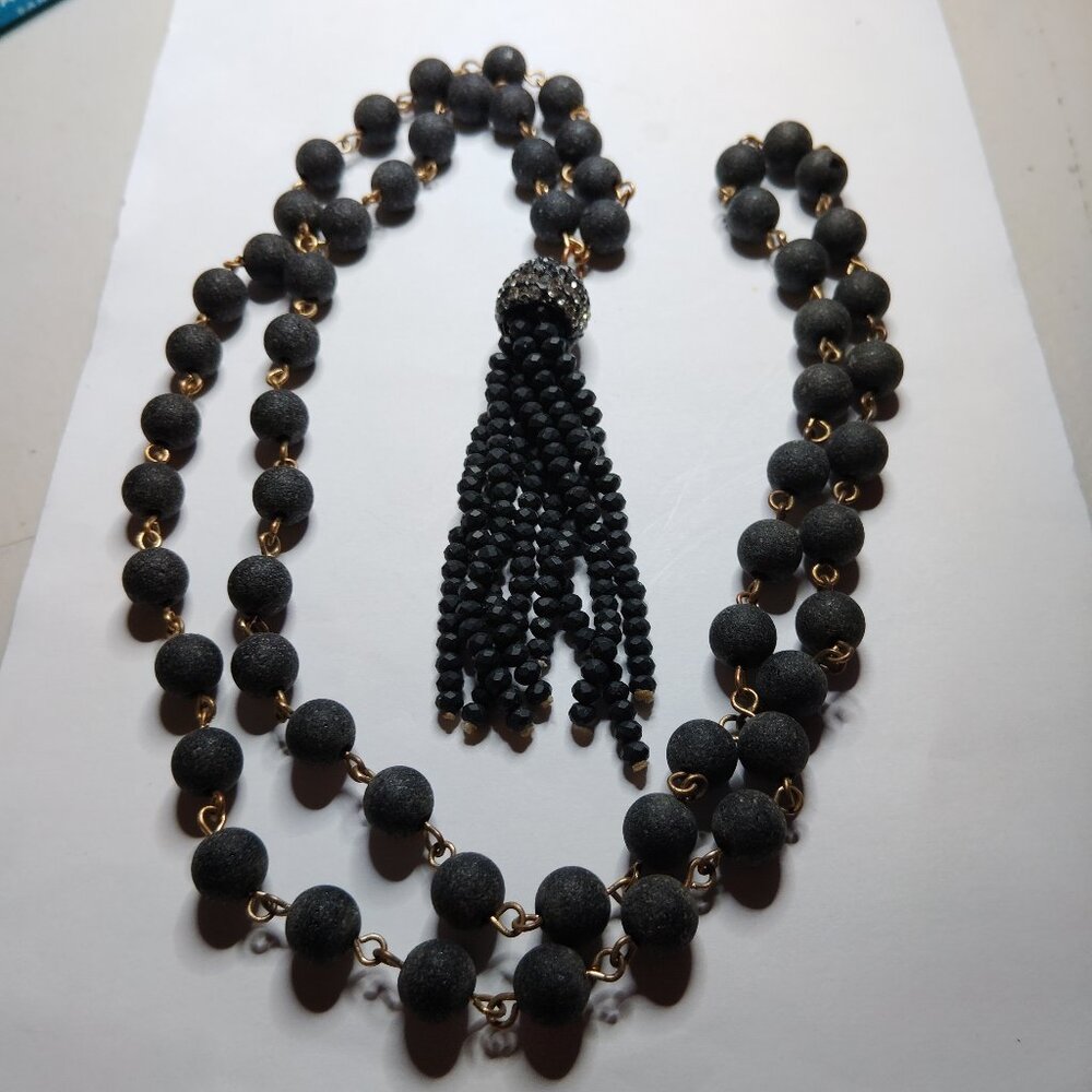 Lava Bead Tassel Necklace 32" Boho Gold Tone Rhinestone Accent